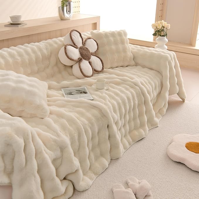 HANDONTIME Shaggy Couch Cover for Dogs Rabbit Plush Loveseat Cover Dog Couch Cover Protector Plush Faux Fur Couch Covers for Sectional Sofa Cozy Washable Sofa Covers for Living Room, 71" X150", Beige