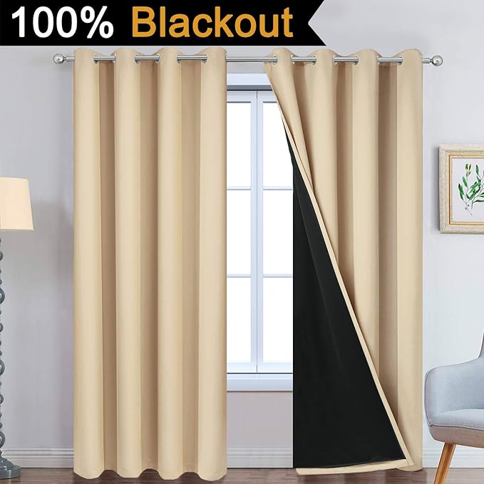 Yakamok Beige 100% Blackout Curtains, Thermal Insulated Total Blackout Drapes for Bedroom, Heat Blocking Window Curtains for Living Room(52Wx84L, 2 Panels)