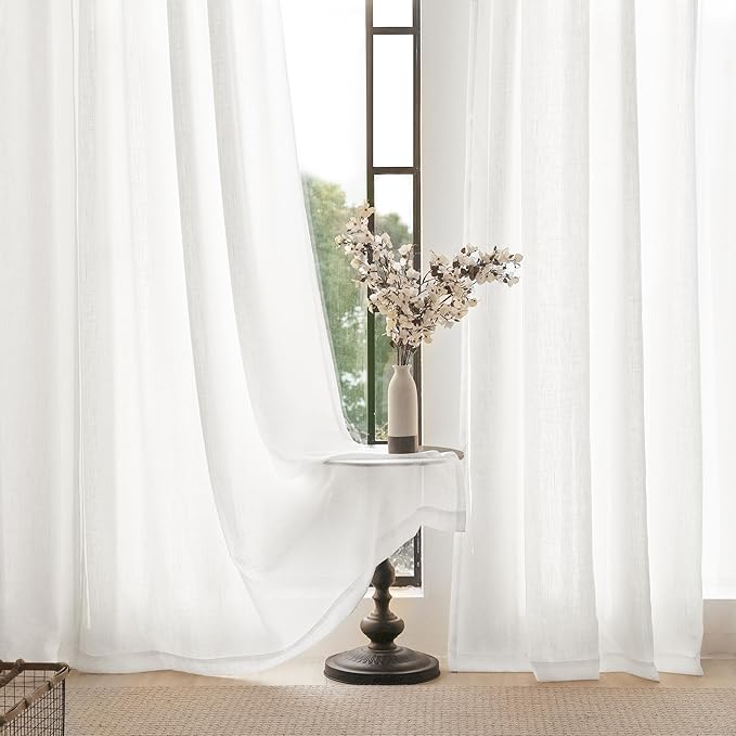 Linen White Curtains 84 inches Long for Bedroom Loop Pocket Privacy Light Filtering Semi Sheer White Boho Farmhouse Curtain Drapes Cotton Textured Modern Elegant Coastal Living Room Decor 60x84