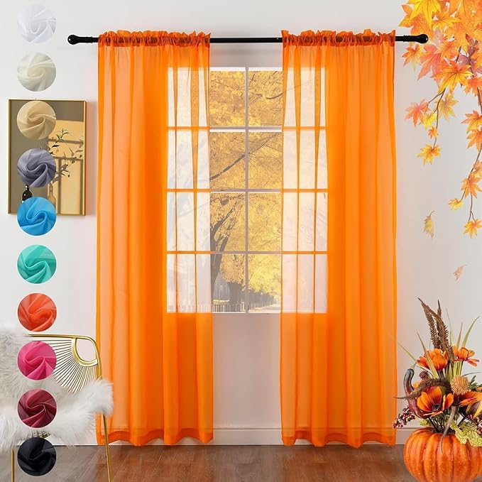 youleyar Solid Sheer Rod Pocket Curtain Voile Draperies 2 Panels White Beige Black Grey Coffee 52 Inch Width 45 Inch Long 1 Pair for Kitchen Bedroom Children Living Room Yard (Orange,52Wｘ45L)