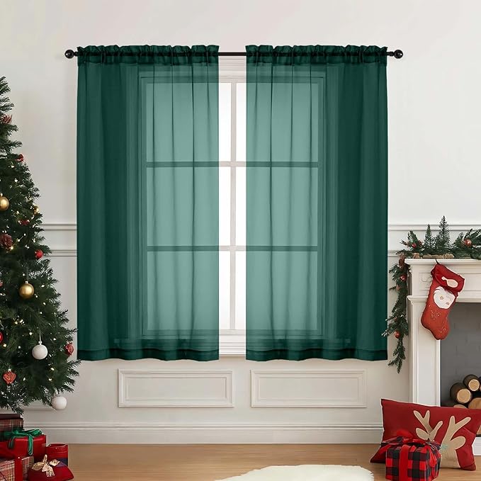 Green Window Sheer Curtains 45 Inches Length, Voile Short Curtains for Christmas, Modern Soft Window Drapes 2 Panels Set, Top Dual Rod Pocket, Hunter Green, 2x42Wx45L Inches