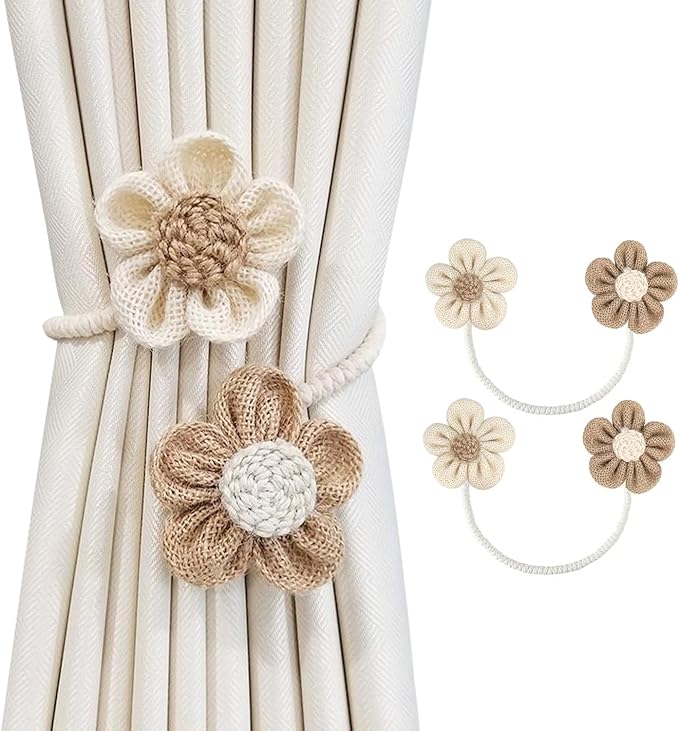 SRG Rope Curtain Tiebacks 2 Pack | Sunflower Curtain Tieback Boho | Simple Elegant DIY Curtain Holdbacks | Accessories Wall Decoration for Home Office | Cream&Khaki