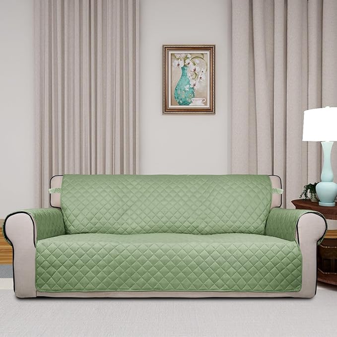 PureFit Reversible Quilted Sofa Cover, Water Resistant Slipcover Furniture Protector, Washable Couch Cover with Non Slip and Elastic Straps for Kids, Dogs, Pets (Sofa, Sage Green/Ivory)