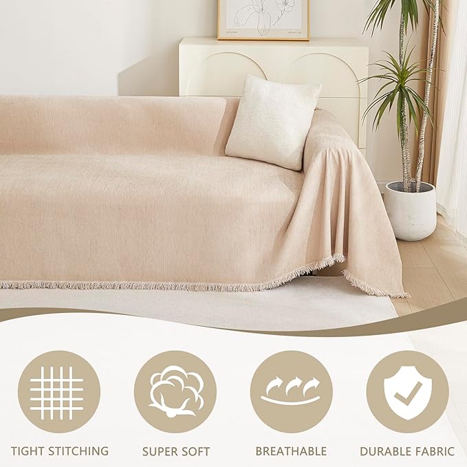 MYSKY HOME Couch Cover 2 Cushion Sofa with Tassel Chenille Sofa Covers for 2 Cushion Couch Sofa Slipcovers for Sectional l Shaped Couch Dogs Protector Furniture Covers, 71" X 118", Khaki