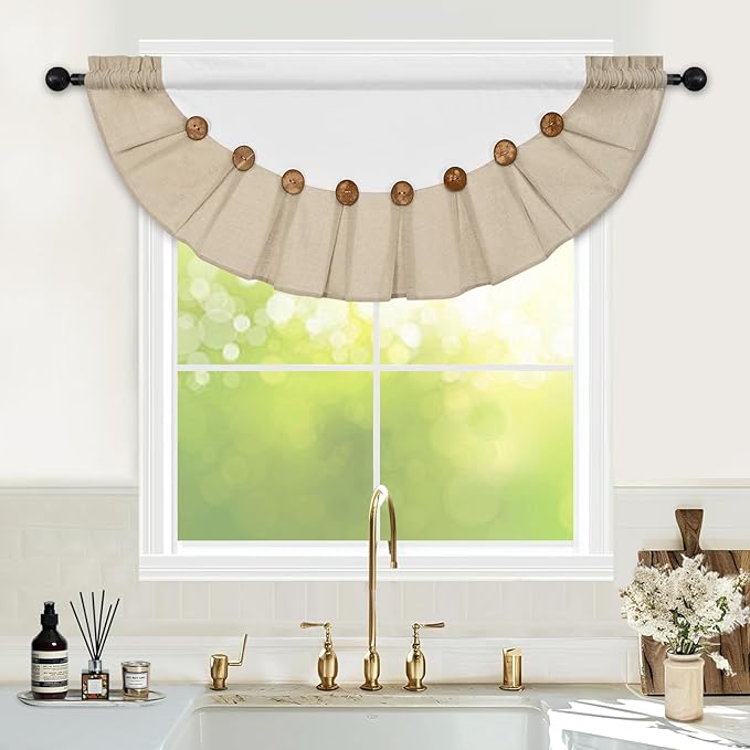 FRAMICS Farmhouse Valance Curtains, Boho Cotton Linen Kitchen Valance, Rustic Button Window Valance, Country Rod Pocket Valances for Windows Bedroom, Semi-Circular, White and Linen, 52 x 18 Inch
