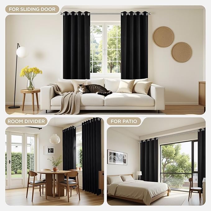 Joydeco Blackout Curtains 63 Inch Length 2 Panels Set, Thermal Insulated Long Curtains& Drapes 2 Burg, Room Darkening Grommet Drapes for Bedroom Living Room Window (Black, W52 x L63 Inch)