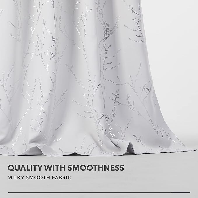 Deconovo Greyish White Curtains, Room Darkening Curtain, Thermal Insulated Soundproof Drapes, Silver Branch Print, 42 x 72 Inch Long, Grommet Window Panels for Living Room Bedroom Nursery, Set of 2