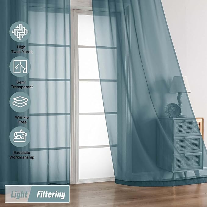 Sheer Curtains for Window 96 Inches Long 2 Panels, Soft Airy Light Filtering Voile Sheer Curtains for Living Room Bedroom, Dual Rod Pocket Elegant Window Drapes, Dusty Blue, 2x42Wx96L Inches