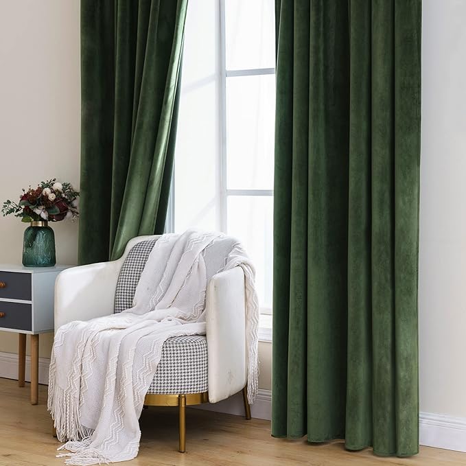 MIULEE Velvet Curtains 2 Panels Luxury Blackout Curtains for Bedroom Living Room Thermal Insulated Super Soft Window Drapes Rod Pocket & Back Tab, Olive Green, W52 x L72 inches