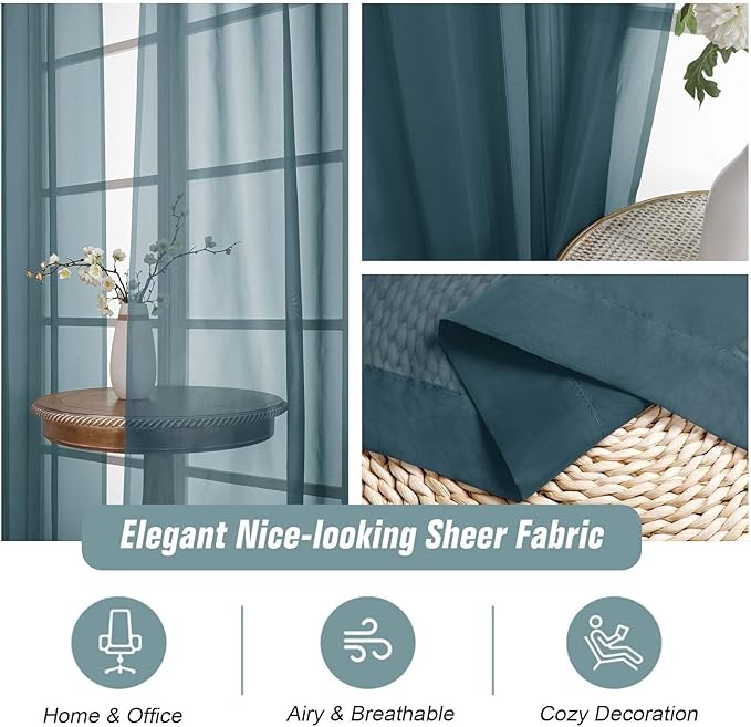 Window Sheer Curtains 45 Inches Length, Voile Short Curtains for Living Room Bedroom, Modern Soft Window Drapes 2 Panels Set, Top Dual Rod Pocket Design, Dusty Blue, 2x42Wx45L Inches
