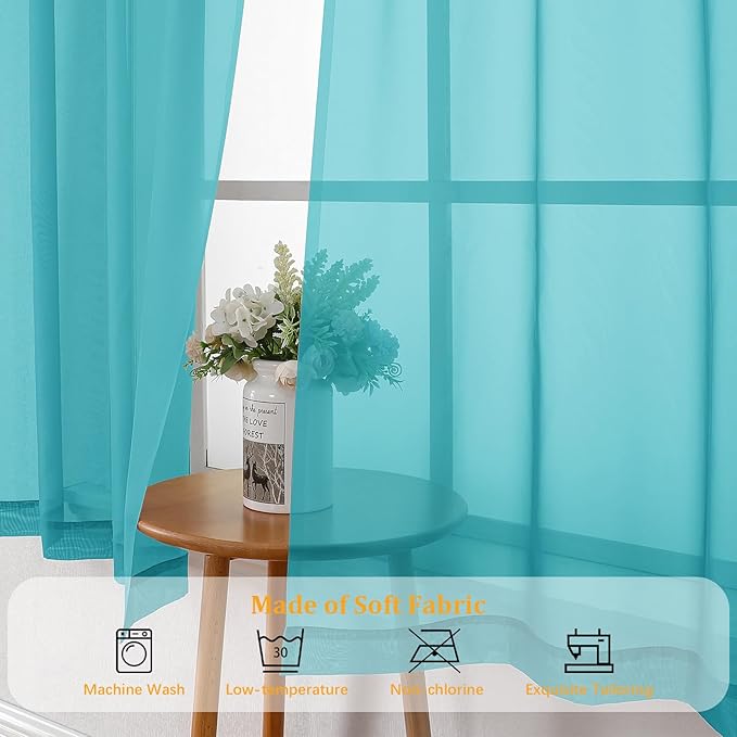Gwine Turquoise Sheer Curtains for Bedroom 54 inches Long 2 Panels, Light Filtering Voile Rod Pocket Curtains, Airy Transparent Sheer Drapes for Living Room, Each 42" Wx54 L