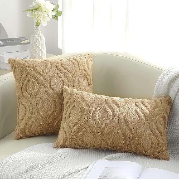 decorUhome Throw Pillow Covers 24x24 Inch Set of 2, Soft Plush Faux Wool Khaki Solid Couch Pillow Covers, Accent Euro Sham Farmhouse Neutral Square Pillow Cases for Sofa Bed Living Room