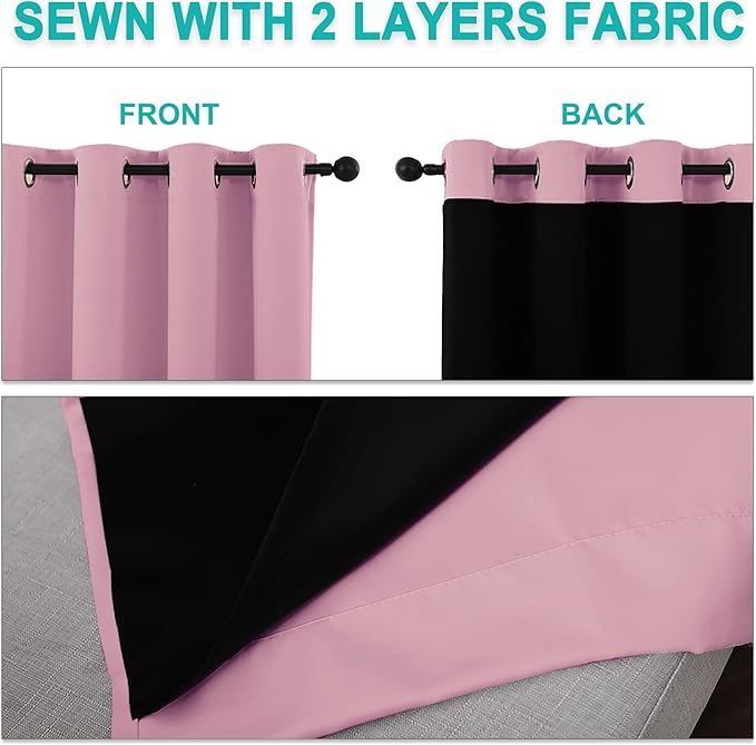 NICETOWN 100% Blackout Blinds, Laundry Room Decor Window Treatment Curtains for Large Patio Sliding Door, Thermal Insulated Crystal Pink Curtains for Bedroom, Set of 2, 70 inches x 108 inches