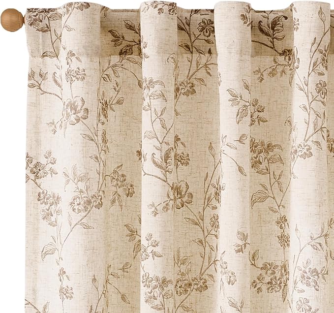 Lazzzy Taupe Floral Linen Curtains 84 Inch Farmhouse Back Tab Drapes for Living Room Bedroom Light Filtering Vintage Grandmillennial Rod Pocket Curtains, 2 Panels, W38 x L84, Taupe on Beige