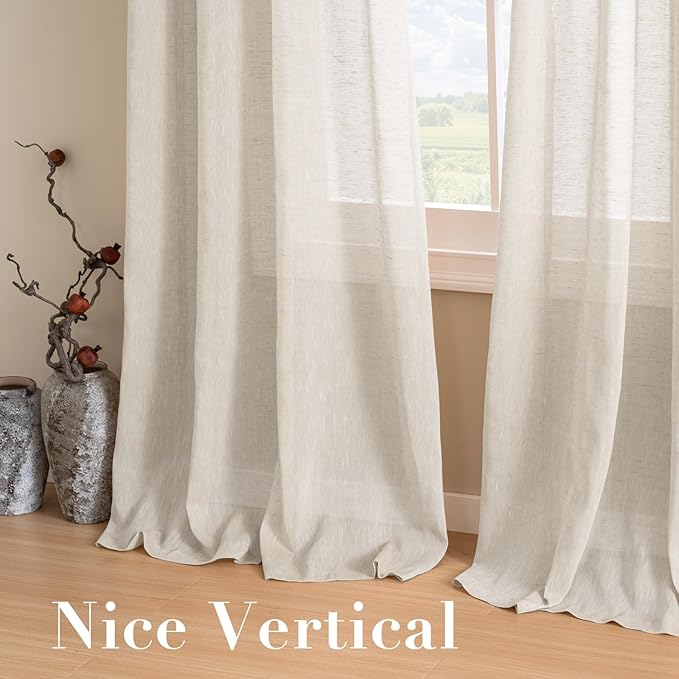 H.VERSAILTEX Linen Curtains Nickel Grommet Natural Linen Semi-Sheer Curtains 2 Panels Privacy Added Premium Soft Rich Material Drapes for Bedroom/Living Room - 37x63 Inch- Natural