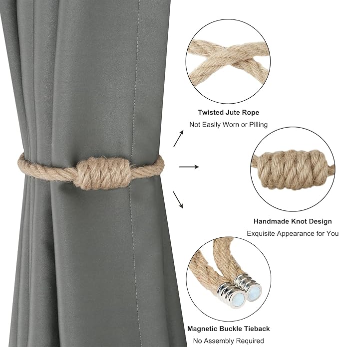 BEL AVENIR Magnetic Jute Curtain Tiebacks, Decorative Drapery Holdbacks Bohemian Style Woven Tie-Backs with Exquisite Knot (Jute, 4 Pack)