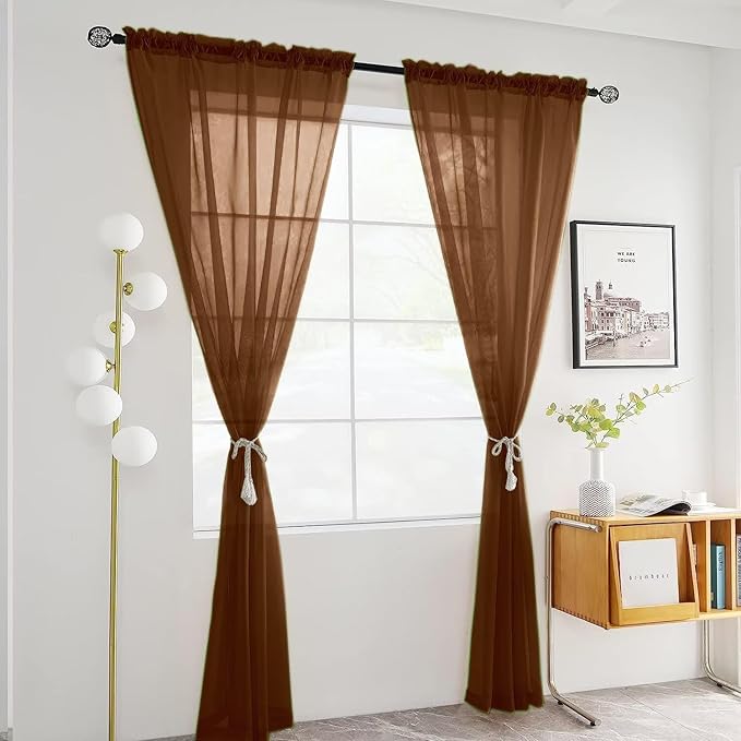 SpaceDresser Sheer Voile Window Treatment Rod Pocket Curtain Panels for Kitchen Bedroom Living Room Drapes Sunlight Filtering Privacy Semi Home Decor Assorted (Brown, 52 W x 72 L)
