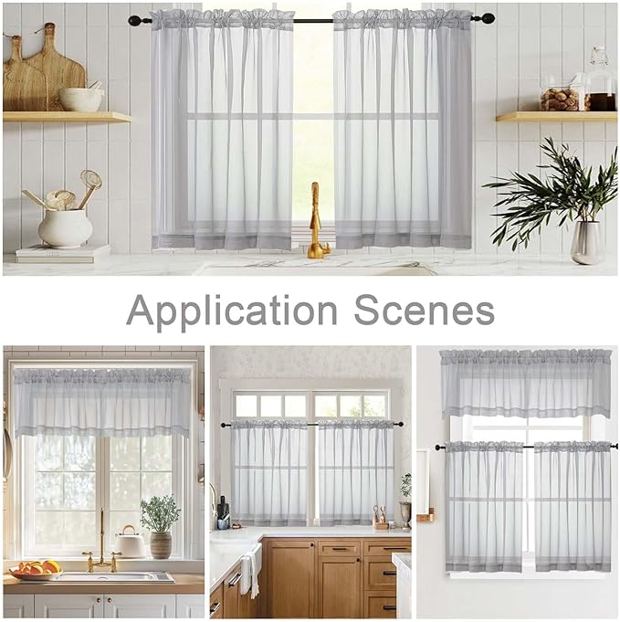 Kitchen Curtains 24 Inch Length Tier 2 Pieces, Light Grey Sheer Curtain Solid Soft Sheer Short Curtains for Windows, Cafe Bathroom Basement Rod Pocket Drapes, Light Grey, Each 42"Wx24"L Inch