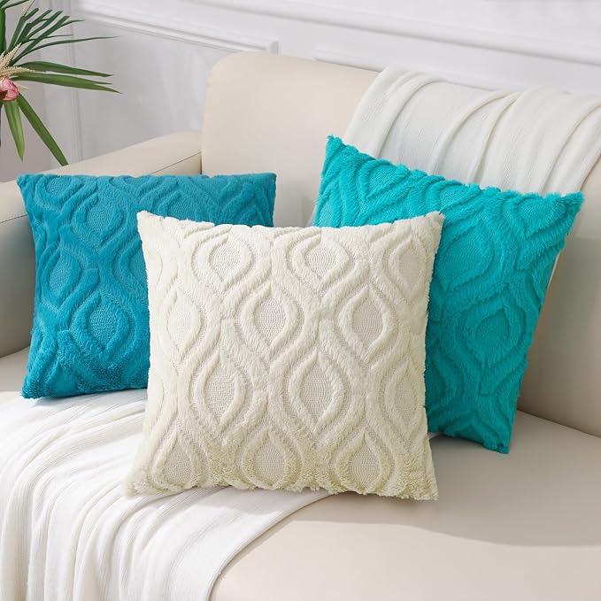 decorUhome Summer Throw Pillow Covers 16x16 Inch Set of 2, Soft Plush Faux Wool Teal Solid Couch Pillow Covers, Accent Farmhouse Neutral Square Pillow Cases for Sofa Bed Living Room
