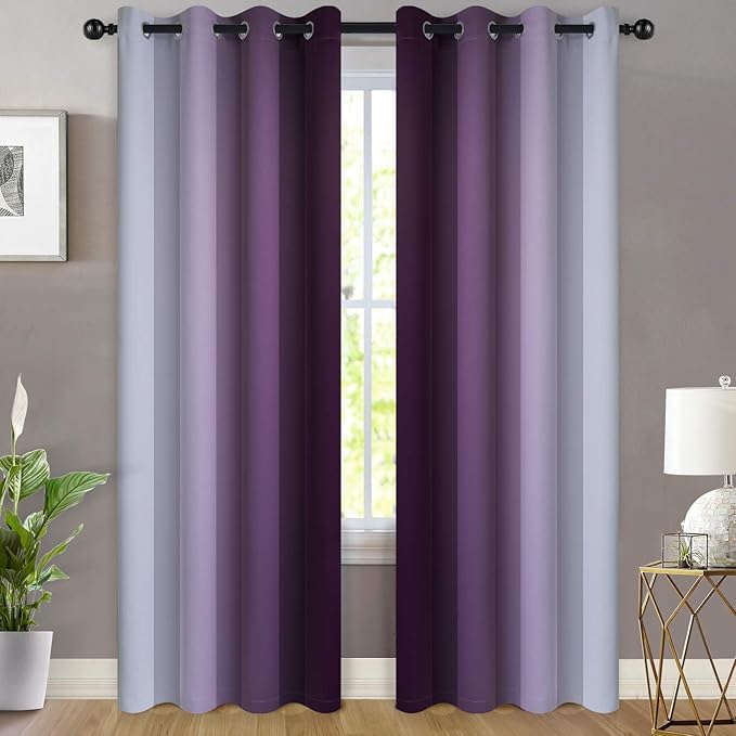 Yakamok Room Darkening Ombre Curtains 84 Inch Length, Purple and Greyish White Thermal Insulated Gradient Color Curtains,Light Blocking Grommet Window Drapes for Bedroom,52 Inch Width,2 Panels