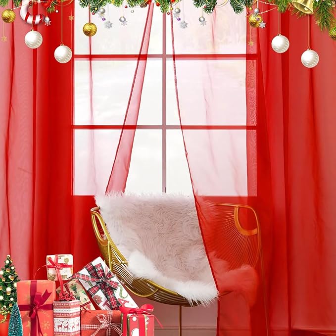 youleyar Solid Sheer Rod Pocket Curtain Voile Draperies 4 Panels White Beige Black Grey Ivory 52 Inch Width 108 Inch Long 1 Pair for Kitchen Bedroom Children Living Room Yard(Red,52 Wｘ108 L)