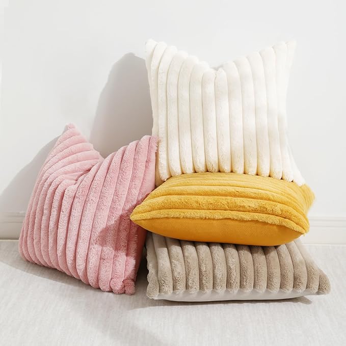 decorUhome Summer Cozy Faux Fur Throw Pillow Covers 20x20 Set of 2 Decorative Soft Plush Striped Modern Farmhouse Boho Couch Pillow Cases with Velvet Back for Sofa Bed Living Room, Mustard Yellow