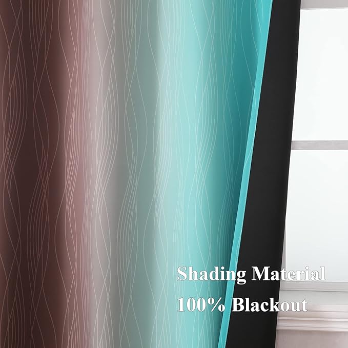 Estelar Textiler Brown and Teal Ombre Blackout Curtains 90 Inch Length 2 Panels Set, Thermal Insulated Drapes for Bedroom, Full Room Darkening Grommet Gradient Curtains for Living Room,52Wx90L