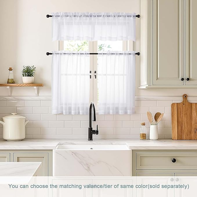 White Sheer Curtains Tier 36 Inches Length 2 Panels Set, Light Filtering Lightweight Soft Window Treatments Drapes, Cute Elegant Cafe Curtains for Nursery, Dual Rod Pocket, 2x42Wx36L Inches