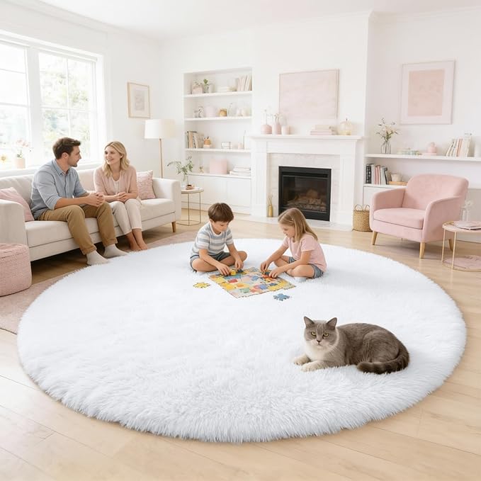 OLANLY White Round Rugs for Bedroom - Machine Washable, 7 ft Circle Area Rugs for Living Room, Soft and Fluffy Shaggy Carpet for Teen Girls and Boys, Nursery Rooms, Dorms, Home Decor Aesthetic