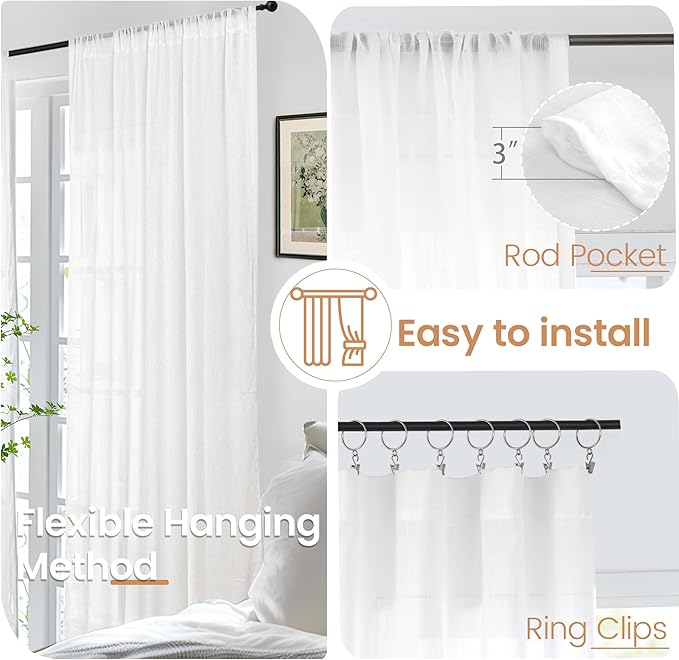 BGment 72 Inch Length White Linen Curtains for Living Room - Rod Pocket Semi Sheer Drapes Light Filtering Window Treatments for Bedroom Dining Lightweight Rustic, 2 Panels Set, 52 X 72 Inch