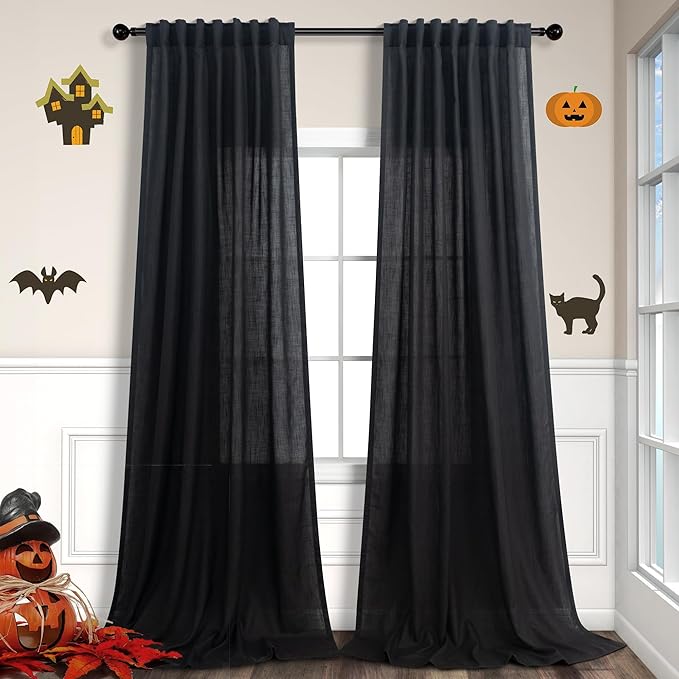 Pitalk Black Linen Sheer Curtains 72 Inch Length for Bedroom Man Cave 2 Panel Back Tab Pocket Light Filtering Semi Privacy Modern Industrial Farmhouse Curtains for Living Room Gothic Decor 52x72 Long
