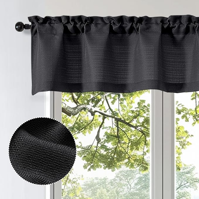 OWENIE Bob 1 PCS Black Valances for Windows, Faux Linen Textured Kitchen Window Curtains Valance for Bedroom Living Room, Modern Soft Airy Solid Rod Pocket Bathroom Cafe Curtain, 60Wx24L Inch