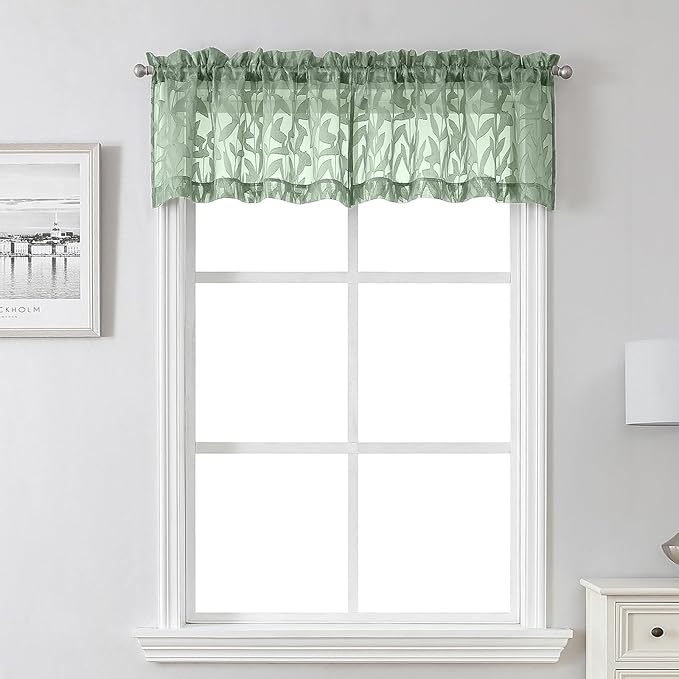 Lecloud Leia Sage Green Sheer Valances for Windows 14 Inch Length 2 Pcs, Jacquard Leaf Textured Cafe Kitchen Short Curtains with Dual Rod Pockets, Small Curtain for Living Room Bedroom, 28" W x 14" L