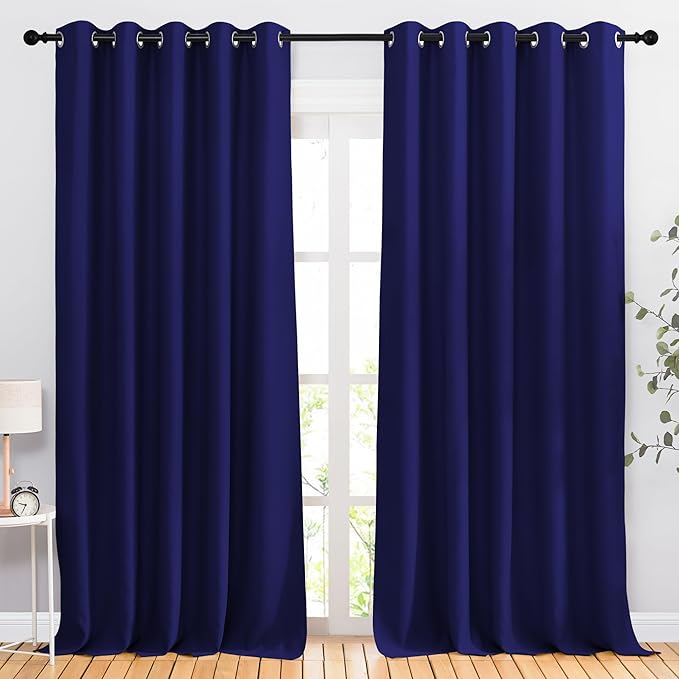 NICETOWN Bedroom Blackout 110 inch Curtains for Sliding Glass Door, Grommet Thermal Insulated Solid Window Treatments Sound Reducing for Living Room, W66 x L110, Navy Blue, Set of 2
