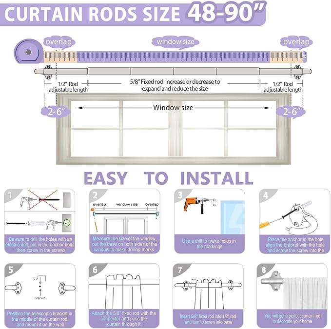 TVWOO Silver Wrap Around Curtain Rods:5/8 In Blackout Adjustable Window Curtain Rod for Bedroom Kitchen Apartment Renter Friendly,Room Darkening Curved Drapery Rods Easy Install,Antique Silver 48-90"