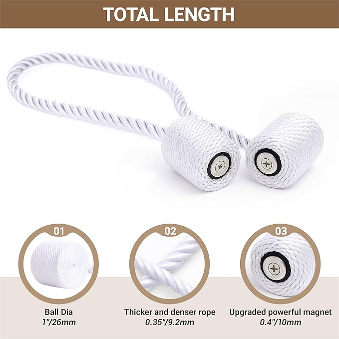 Hion Magnetic Curtain Tiebacks White 2pcs, Curtain Tiebacks Buckles Holdbacks Holders Hooks Clip for Home Bedroom Office Decorative Curtain