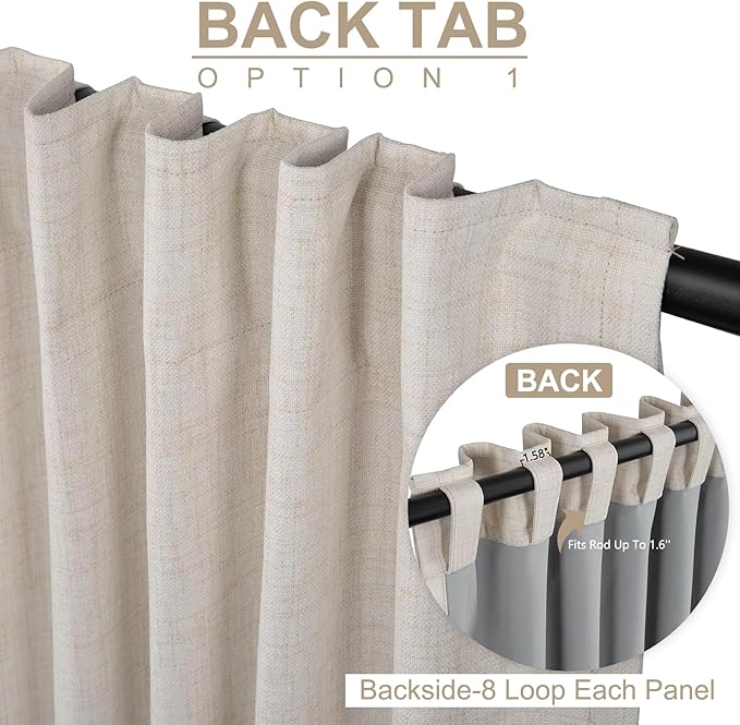 100% Blackout Shield Linen Blackout Curtains for Bedroom 96 Inches Long, Back Tab/Rod Pocket Living Room Drapes, Thermal Insulated Blackout Curtains 1 Panel Set, 100" W x 96" L, Cream