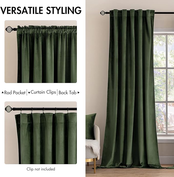 MIULEE Velvet Curtains 2 Panels Luxury Blackout Curtains for Bedroom Living Room Thermal Insulated Super Soft Window Drapes Rod Pocket & Back Tab, Olive Green, W52 x L72 inches