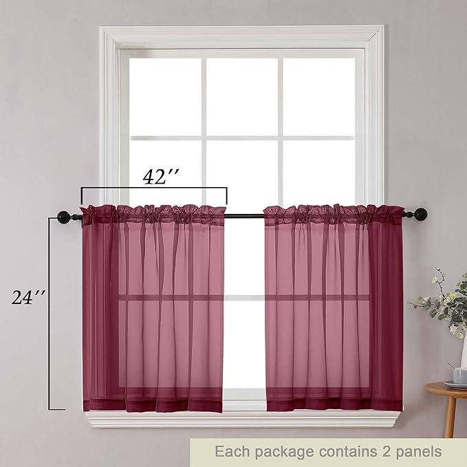 Kitchen Curtains 24 Inch Length Tier 2 Pieces, Burgundy Sheer Curtain Solid Soft Sheer Short Curtains for Windows, Cafe Bathroom Basement Rod Pocket Drapes, Burgundy, Each 42" Wx24 L Inches