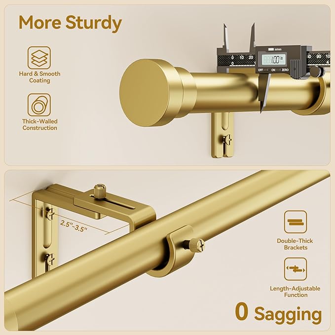 YaFex Curtain Rods 2 Pack 32-84 Inch, Heavy Duty 1 Inch Curtain Rod, Gold Long Adjustable Window Treatment Rods, Modern Design, Easy Installation