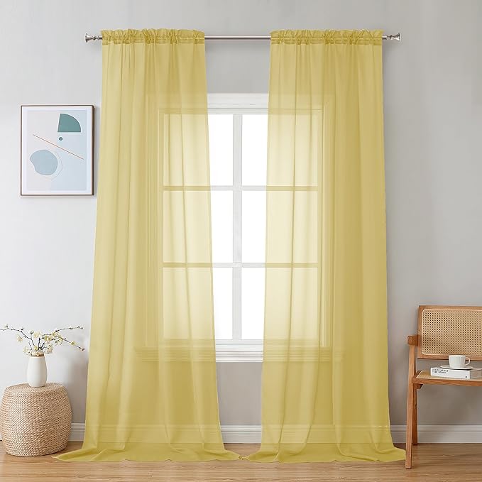 Chyhomenyc Mustard Yellow Sheer Curtains 120 Inches Long - Light Filtering Elegant Voile Extra Long Panel Drapes for Living Room Floor to Ceiling Window, Each 42Wx120L Inch, 10FT, 2 Panels