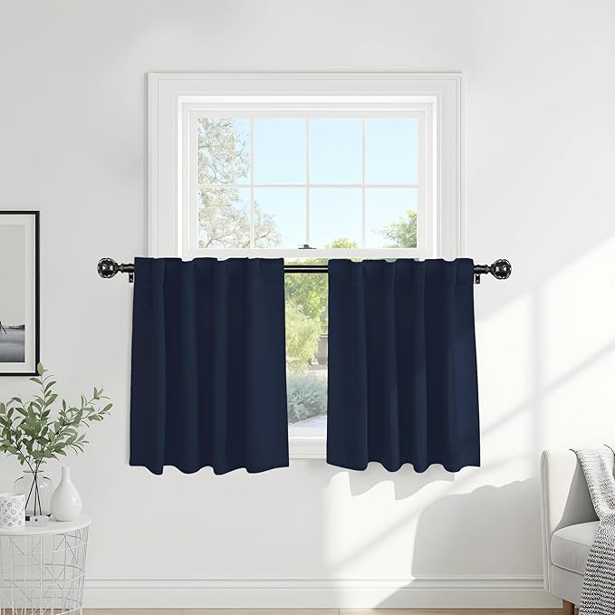 PONY DANCE Small Window Curtains - 36 inch Length Short Kitchen Curtain Tiers Rod Pocket Blackout Panels for Basement/Bedroom, W 42" x L 36", Navy Blue, 2 Pieces