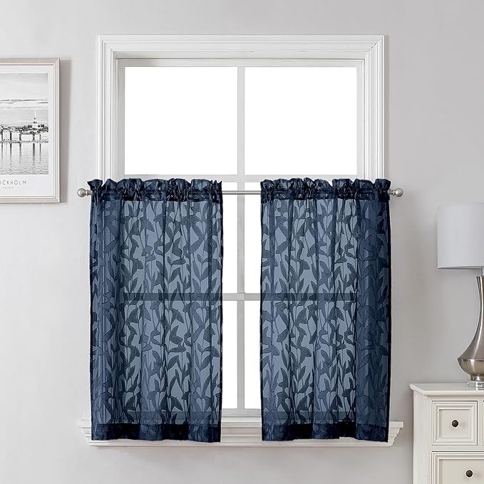 Lecloud Leia Navy Blue Sheer Kitchen Curtains 30 Inch Length 2 Pcs, Leaf Textured Voile Modern Jacquard Tiers, Dual Rod Pocket Window Treatments for Bedroom Living Room, Each Panel 28" W x 30" L