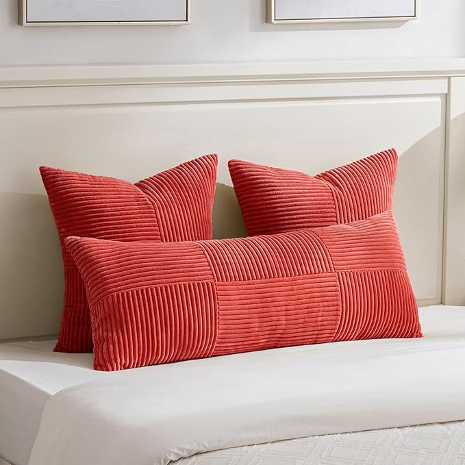 Fancy Homi 2 Packs Red Euro Decorative Throw Pillow Covers 26x26 Inch for Couch Bed Sofa, Holiday Christmas Home Decor Gift, Soft Corss Corduroy Patchwork Textured Square Cushion Case 66x66 cm