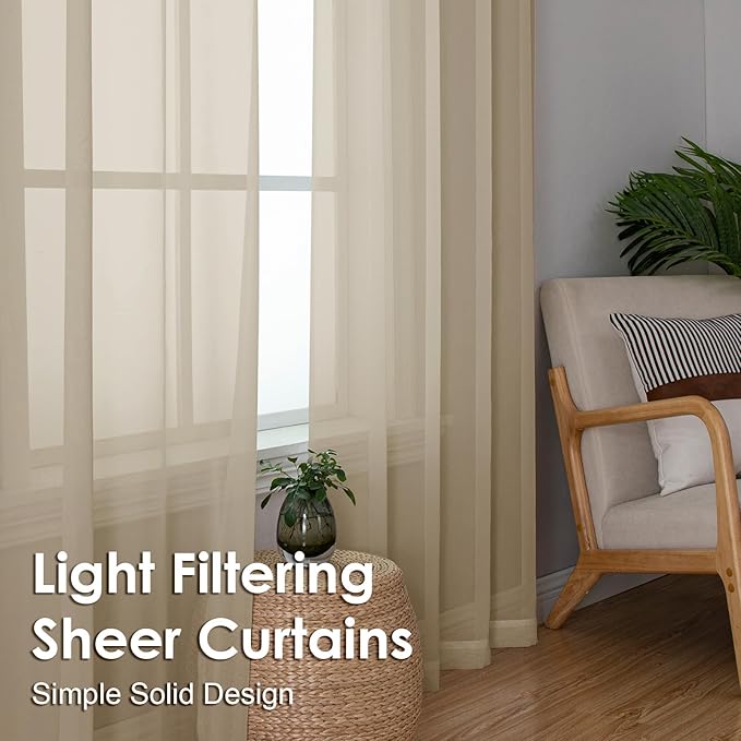 OVZME Taupe Sheer Curtains 72 Inches Long 2 Panels - Soft Light Filtering Window Sheer Panels for Living Room/Bedroom, Top Dual Rod Pocket, 1 Pair, Each 42Wx72L Inches