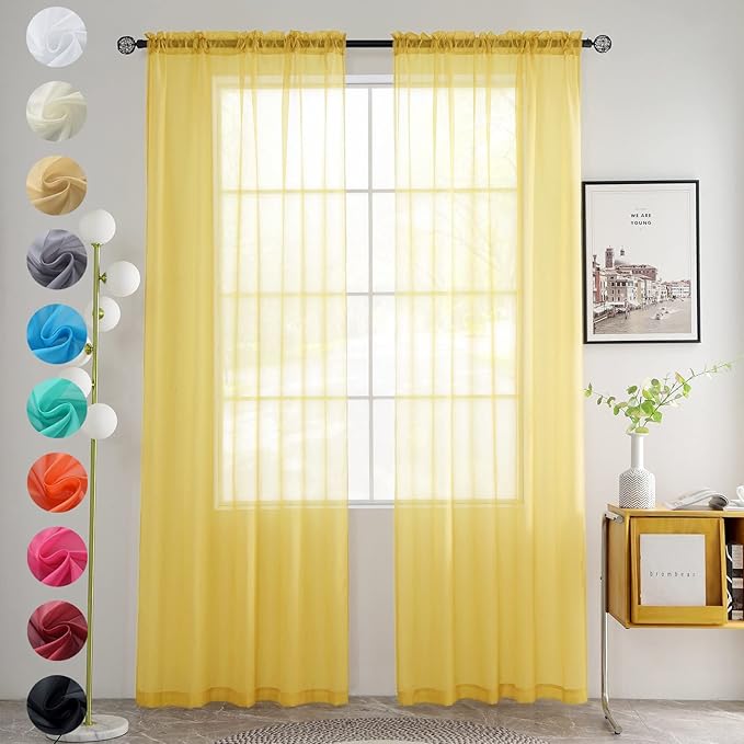 youleyar Solid Sheer Rod Pocket Curtain Voile Draperies 2 Panels White Beige Black Grey Coffee 52 Inch Width 45 Inch Long 1 Pair for Kitchen Bedroom Children Living Room Yard (Yellow,52Wｘ45L)