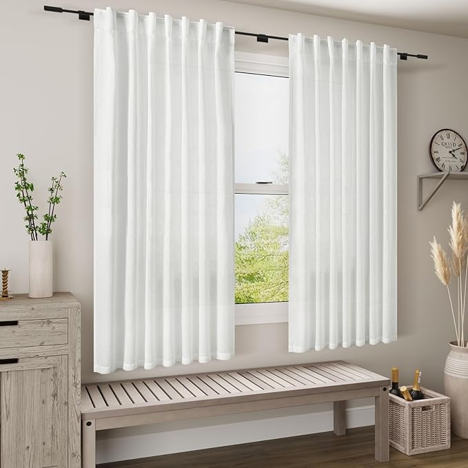 Nanspring White Short Linen Curtains 60 inches Long 2 Panels Set Back Tab Rod Pocket Elegant Farmhouse Style Light Airy Semi Sheer Linen Curtains for Kitchen Bathroom Cafe Loft Room Decorative 52x60