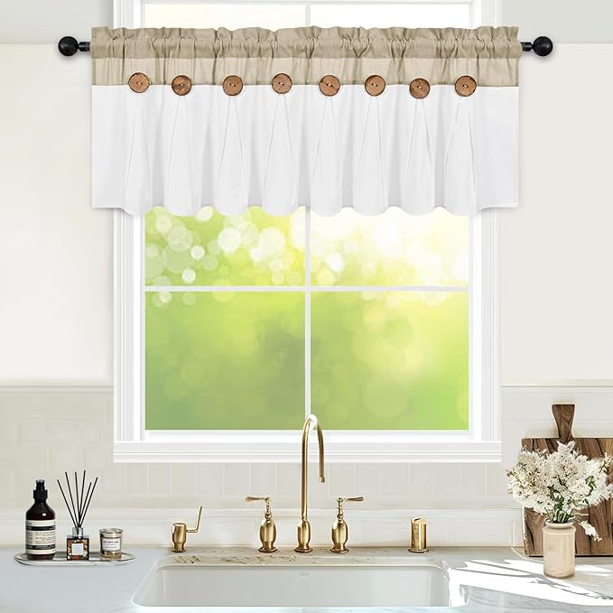 FRAMICS Farmhouse Valance Curtains, Boho Cotton Linen Kitchen Valance, Rustic Button Window Valances for Kitchen, Country Rod Pocket Valances for Windows Bathroom, Linen and White, 52 x 18 Inch