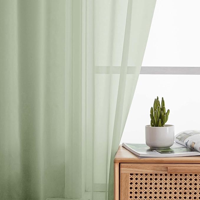 Extra Long Sheer Light Green Curtains for Bedroom Living Room 120 Inches Long 2 Panels Set, Solid Soft Light Filtering Rod Pocket Sheer Window Curtains, Light Green, Each 42" Wx120 L Inch