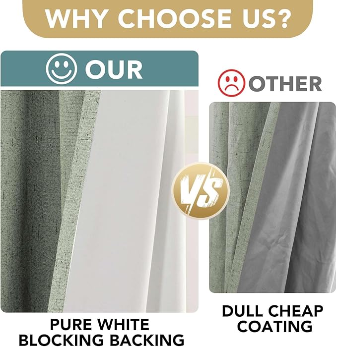 H.VERSAILTEX Linen Blackout Curtains 63 Inches Long 100% Absolutely Blackout Thermal Insulated Textured Linen Look Curtain Draperies Anti-Rust Grommet, Energy Saving with White Liner, 2 Panels, Sage